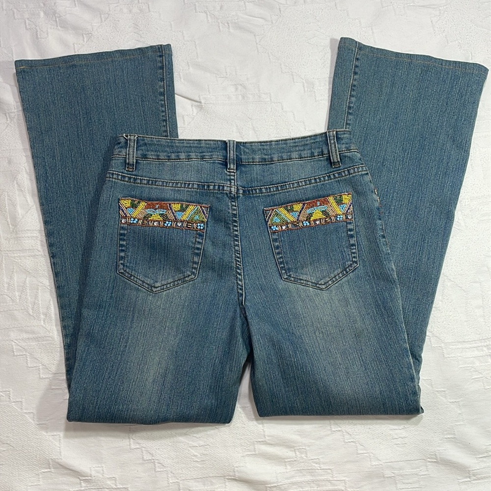 Vintage Y2K A.Z.I Jeans Beaded Embellished Bootcut Flare Blue Yellow Size 6